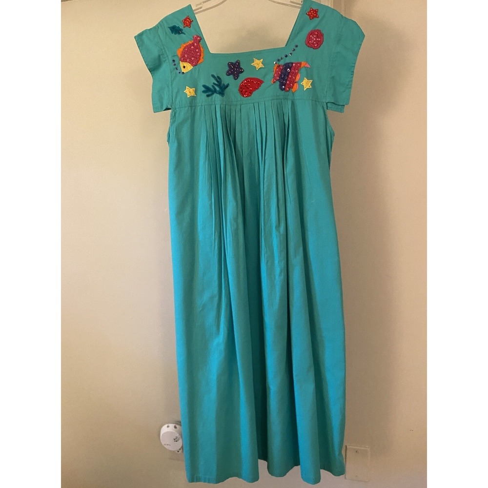 NWT ERIKA TAYLOR SPORT Green Cotton Midi Dress Fish Embroidery Beads L Beachy